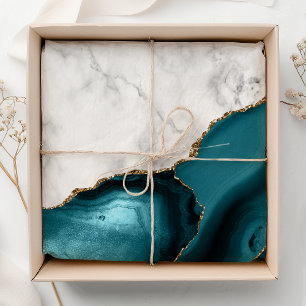 Papel De Seda Mármore Branco Ágata Azul Turquesa Dourado