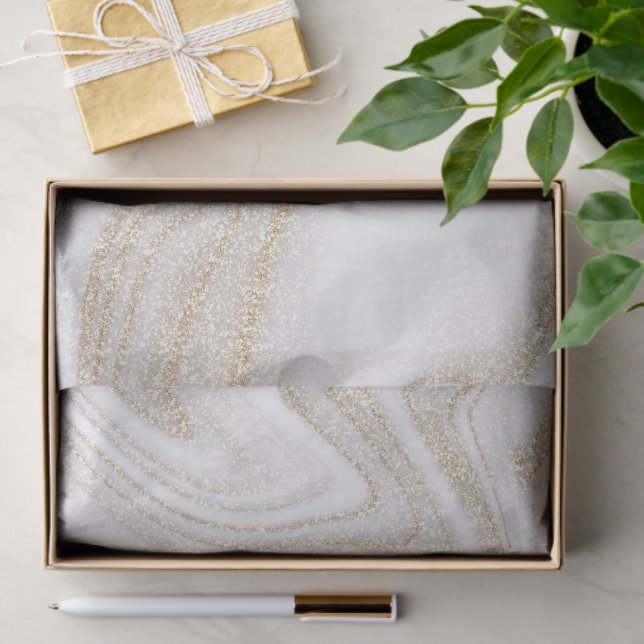 Papel De Seda Mármore branco moderno chic com brilho dourado (Presente)