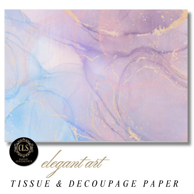 Papel De Seda Mármore Brilho Dourado Rosa e Azul (pastel pink and purple and gold watercolor marble tissue paper)