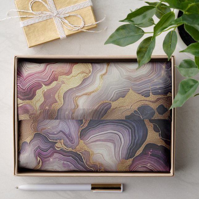 Papel De Seda Mármore Dourado Roxo Rosa Escuro (Presente)