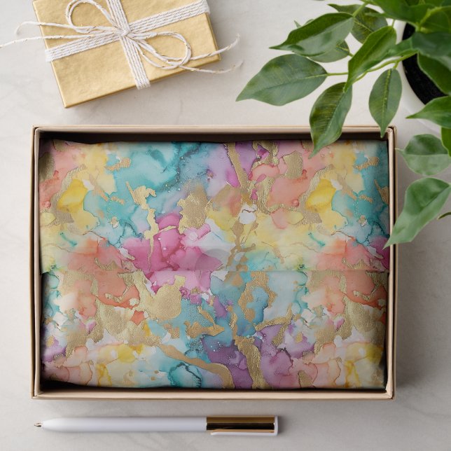 Papel De Seda Mármore Dourado Turquesa Água Rosa Roxo (Presente)