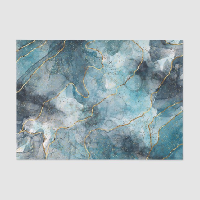 Papel De Seda Mármore Falso Clássico Decoupage Azul/Dourado (Frente )