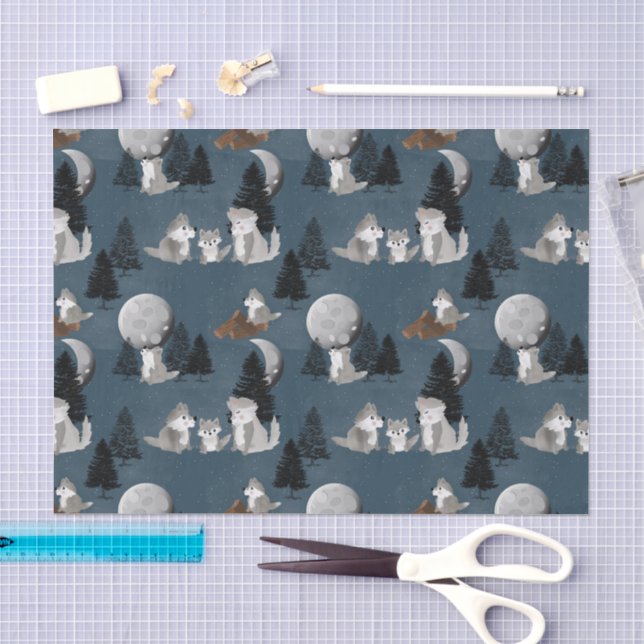 Papel De Seda Matilha de Lobo Fofo Céu Noturno da Floresta Lua (Arte )