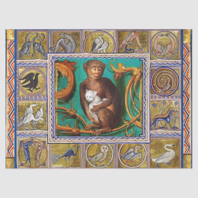 PAPEL DE SEDA MÉDIO BESTIÁRIO, MACACACO E GATO BRANCO,ANIMAIS (Frente )