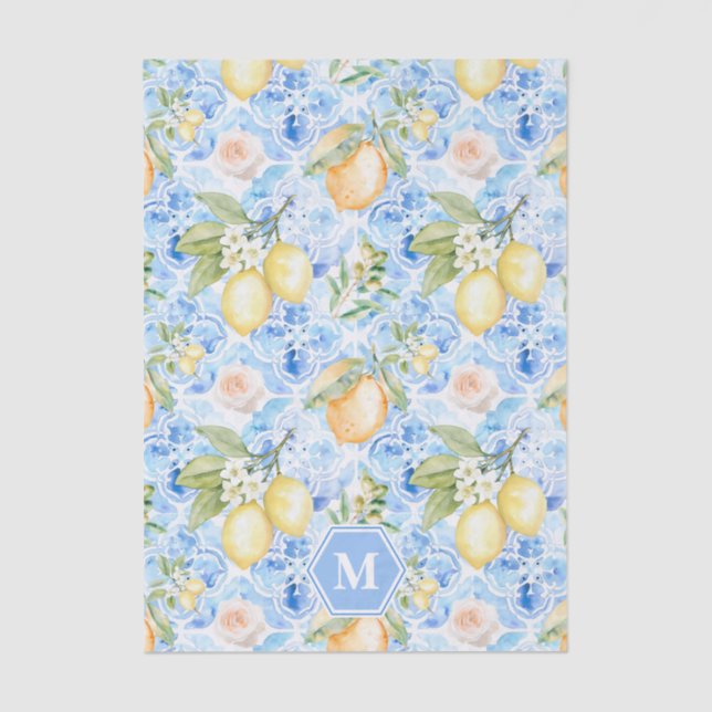 Papel De Seda Mediterranean Blue Tile Limoncello Monogram Name (Frente )
