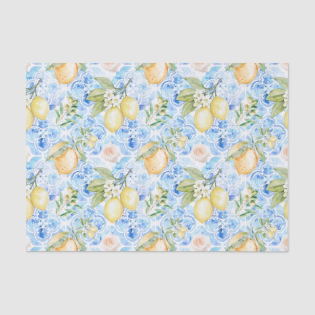 Papel De Seda Mediterranean Blue Tile Yellow Lemon Watercolor (Frente )