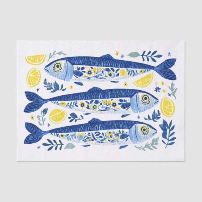 Papel De Seda Mediterranean Summer Blue and Yellow Sardines (Frente )