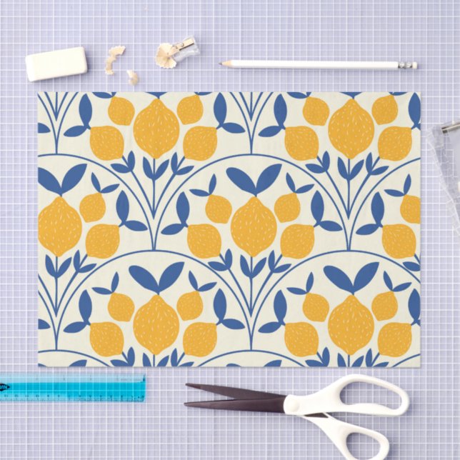 Papel De Seda Mediterranean Yellow Lemons on Blue scallop shapes (Arte )