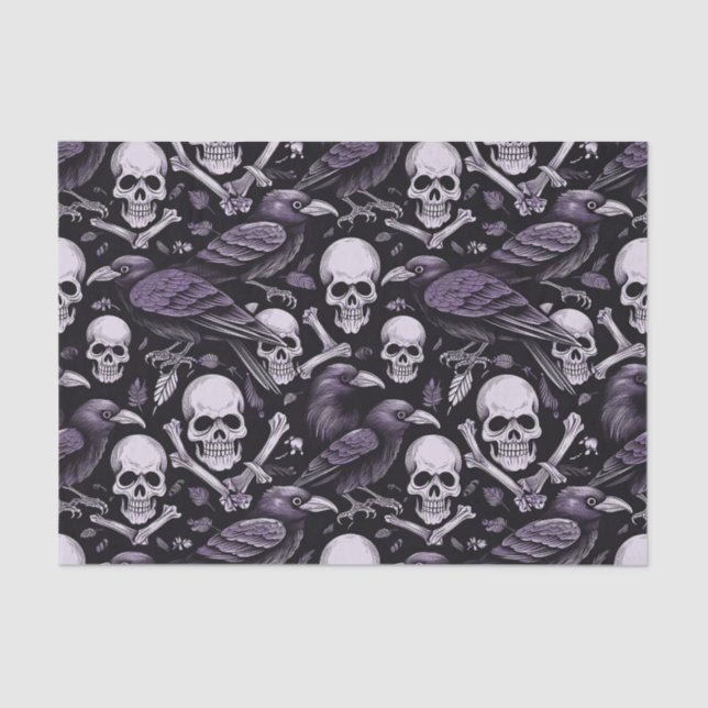 Papel De Seda Meia-noite Macabre, caveira Gótico Raven em Roxo (Frente )