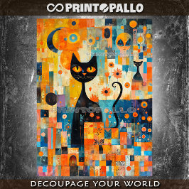 Papel De Seda Meio século Gato preto moderno sobre uma colagem c