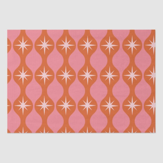 Papel De Seda Meio século Retro Starbursts em Ogee Laranja Rosa (Frente )