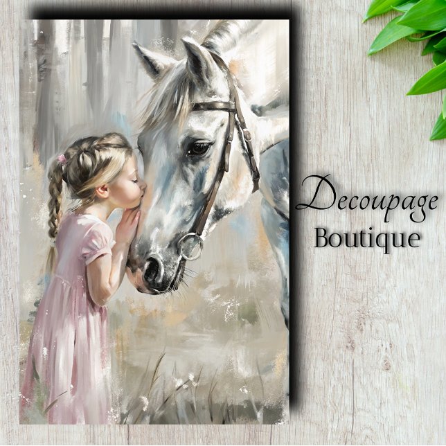 Papel De Seda Menina beijando desacoplamento de cavalos brancos (Girl With White Horse Decoupage Tissue Paper)