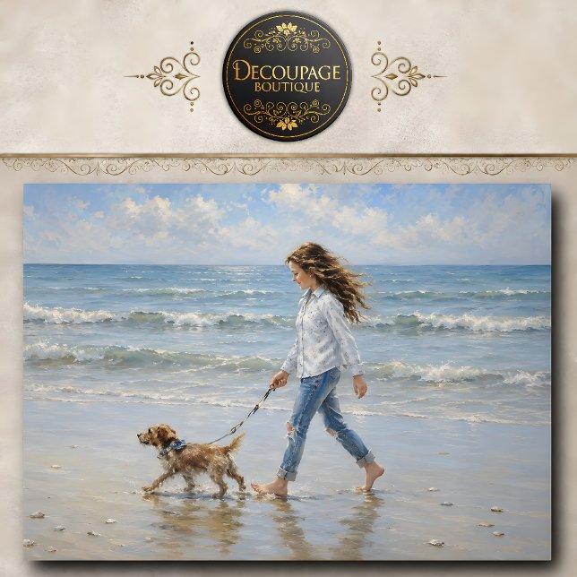 Papel De Seda Menina Caminhando Cachorro Praia Decoupage (Girl Walking Dog Beach Decoupage Tissue Paper)