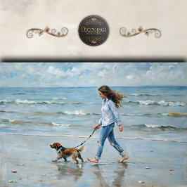 Papel De Seda Menina Caminhando com Cachorro na Praia Decoupage