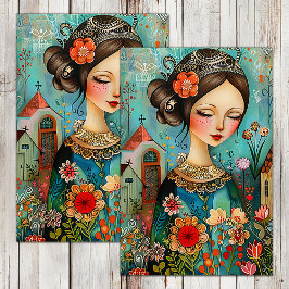 PAPEL DE SEDA MENINA COLORIDA DAS FLORES NO JARDIM DE PRIMAVERA