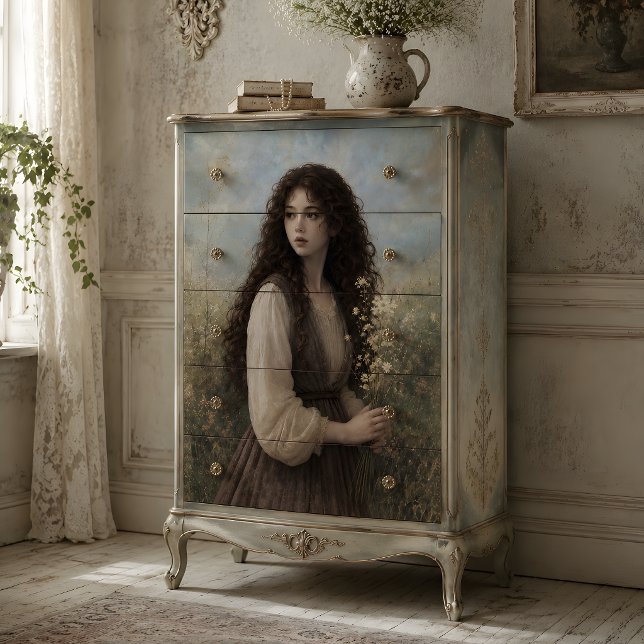 Papel De Seda Menina com Cabelo Crespo Comprido e Flores Silvest (Girl with Long Curly Hair and Wildflowers Tissue Paper)