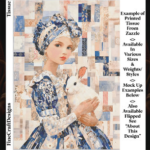 Papel De Seda Menina com Coelho Branco, Decoupagem Patchwork EB9