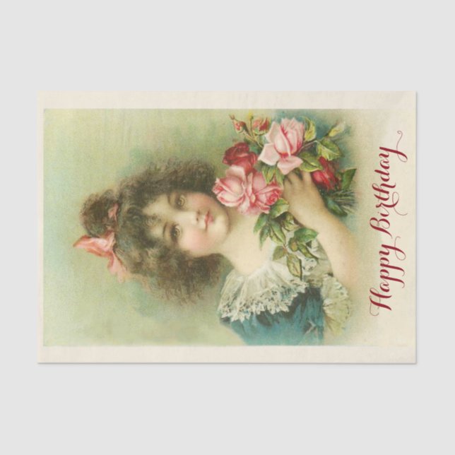 Papel De Seda Menina com Rosas Rosa, Aniversário (Frente )