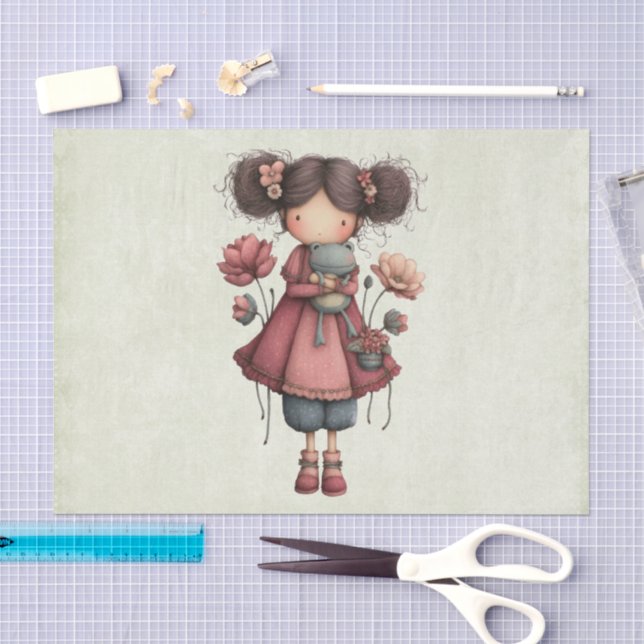 Papel De Seda Menina com uma boneca de sapo fofa e caprichosa (Arte )