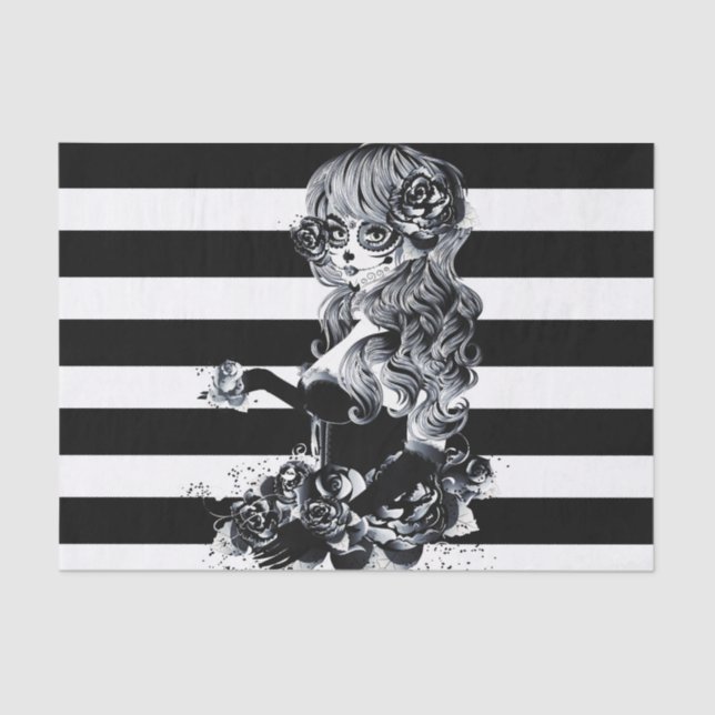 Papel De Seda Menina de caveira doce listrada em preto e branco (Frente )