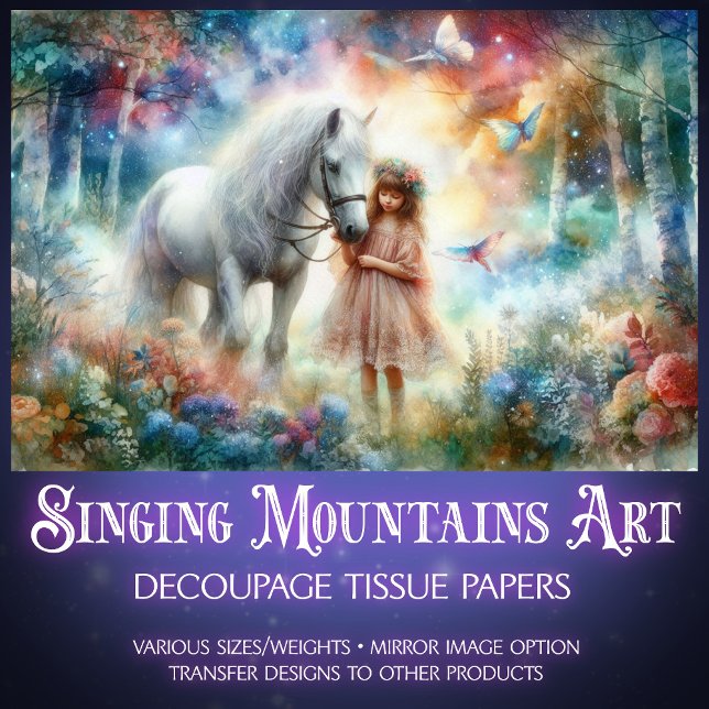 Papel De Seda Menina e Cavalo na Desnuvem de Floresta Encantada (Criador carregado)