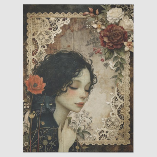 Papel De Seda Menina Elegante Única e Flores de Gato Negra (Frente )