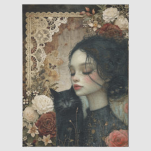 Papel De Seda Menina Elegante Única e Jardim Floral de Gato Negr
