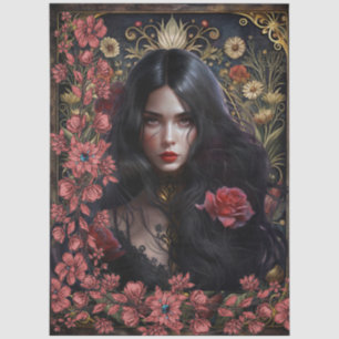 Papel De Seda Menina Gótica Escura Arte Floral Abstrata