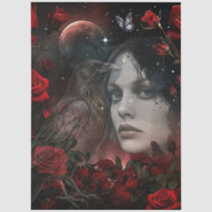 Papel De Seda Menina Gótica Escura Rosas Vermelhas & Corvo Arte 