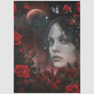 Papel De Seda Menina Gótica Escura Rosas Vermelhas & Lua Arte Ab