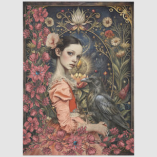 Papel De Seda Menina Gótica Vitoriana & Colagem Floral de Corvo 