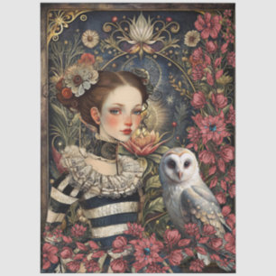 Papel De Seda Menina Gótica Vitoriana Coruja Branca Colagem Flor
