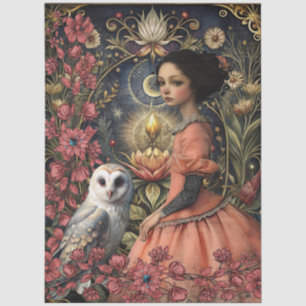 Papel De Seda Menina Gótica Vitoriana Coruja Branca Colagem Flor