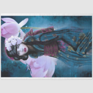Papel De Seda Menina Oriental Retrato de Lótus e Gêisha Arte