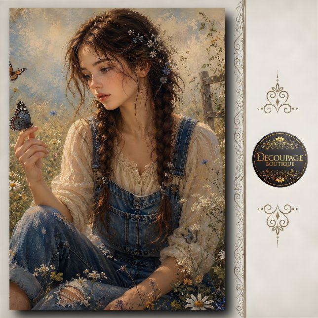 Papel De Seda Menina segurando borboleta em flores silvestres (Girl Holding Butterfly in Wildflowers Tissue Paper)