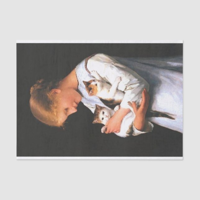 Papel De Seda Menina segurando dois gatos  (Frente )