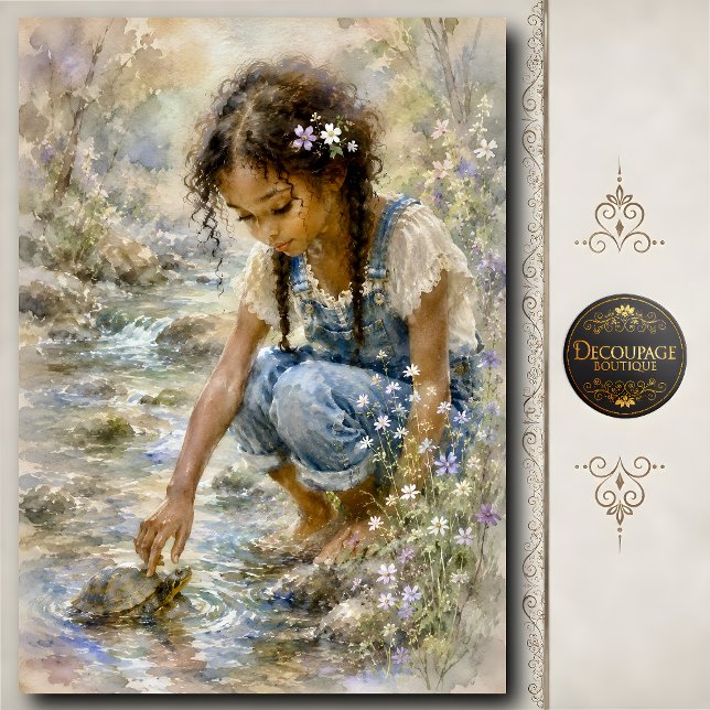 Papel De Seda Menina Tocando Tartaruga (Little Girl Touching Turtle Tissue Paper)