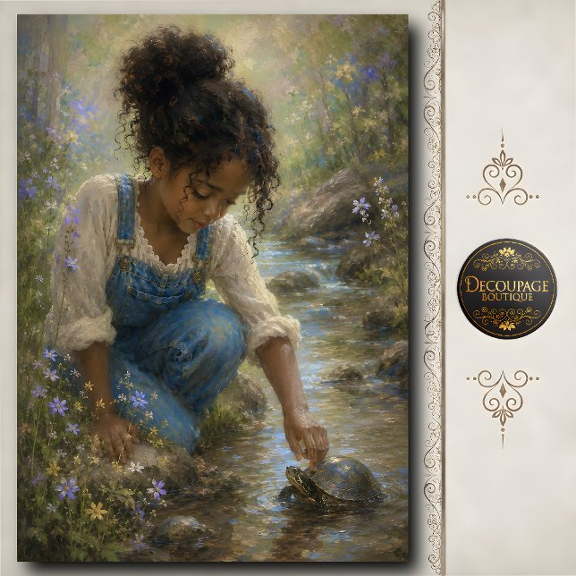 Papel De Seda Menina Tocando Tartaruga pelo Córrego (Little Girl Touching Turtle by Creek Tissue Paper)