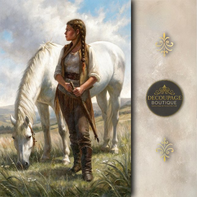 Papel De Seda Menina Trançada com Decoupage de Prado de Cavalo B (Braided Girl With White Horse Meadow Decoupage Tissue Paper)
