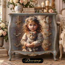Menina Vitoriana Sardenta com Gatinho Decoupage