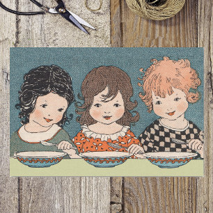 Papel De Seda Meninas do vintage que comem irmãs da sopa três