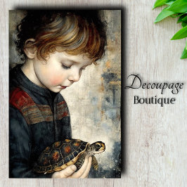 Papel De Seda Menino Antigo com Decoupage de Retrato de Tartarug