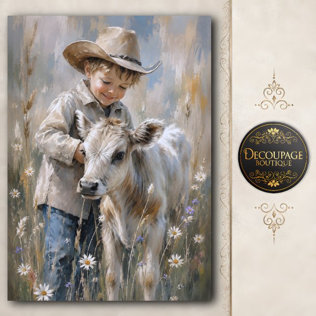 Papel De Seda Menino e Bezerro Decoupage (Boy and Baby Calf Decoupage Tissue Paper)