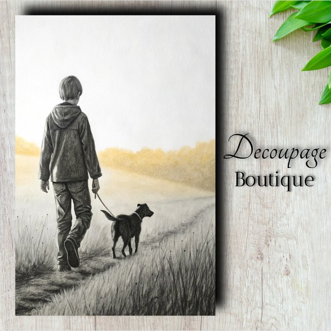 Papel De Seda Menino e Cachorro Decoupagem Rural (Boy and Dog Countryside Decoupage Tissue Paper)