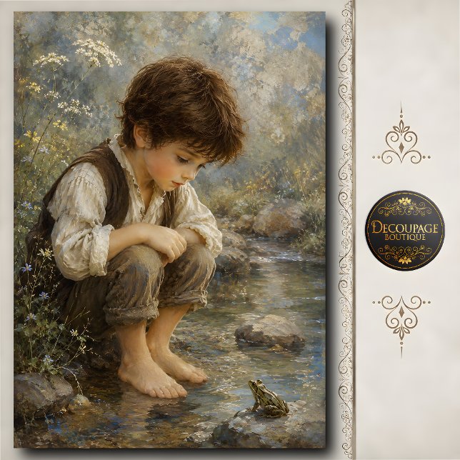 Papel De Seda Menino Observando Rã junto ao Córrego (Boy Watching Frog by Creek Tissue Paper)
