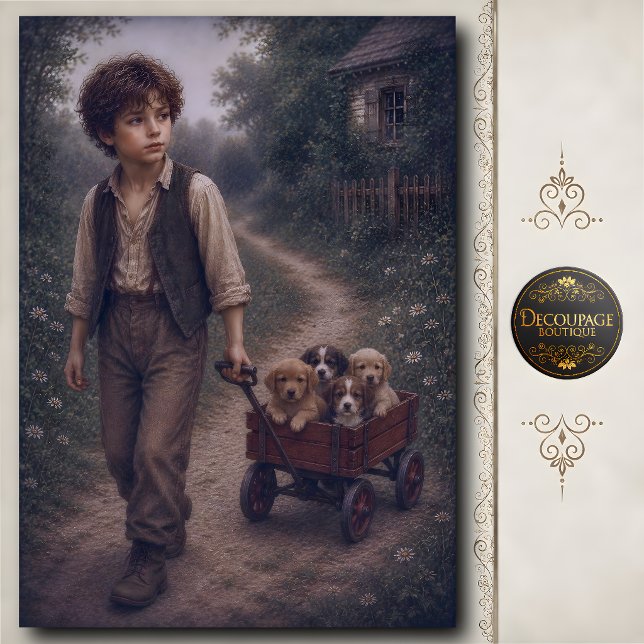Papel De Seda Menino Puxando Carrinho com Cachorrinhos (Boy Pulling Wagon with Puppies Tissue Paper)