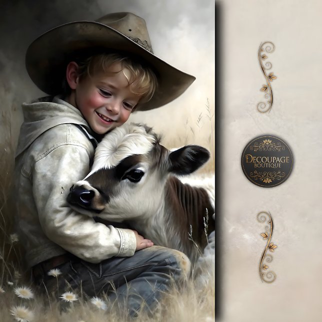 Papel De Seda Menino Vaqueiro Abraçando Bezerro Decoupage (Cowboy Boy Hugging Calf Decoupage Tissue Paper)