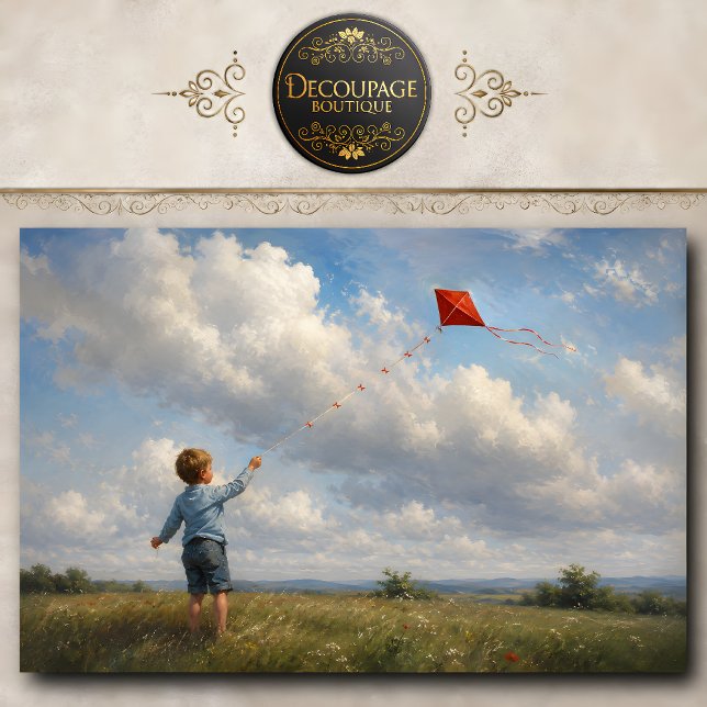 Papel De Seda Menino Voando Pipa Decoupage (Boy Flying Red Kite Decoupage Tissue Paper)