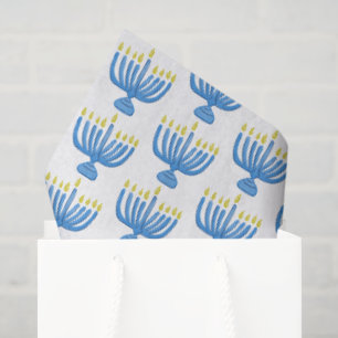 Papel De Seda Menorá Botânica de Hanukkah Aquarela Azul