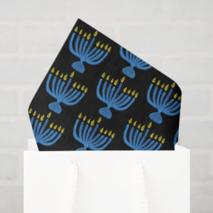 Papel De Seda Menorá Botânica de Hanukkah Aquarela Azul